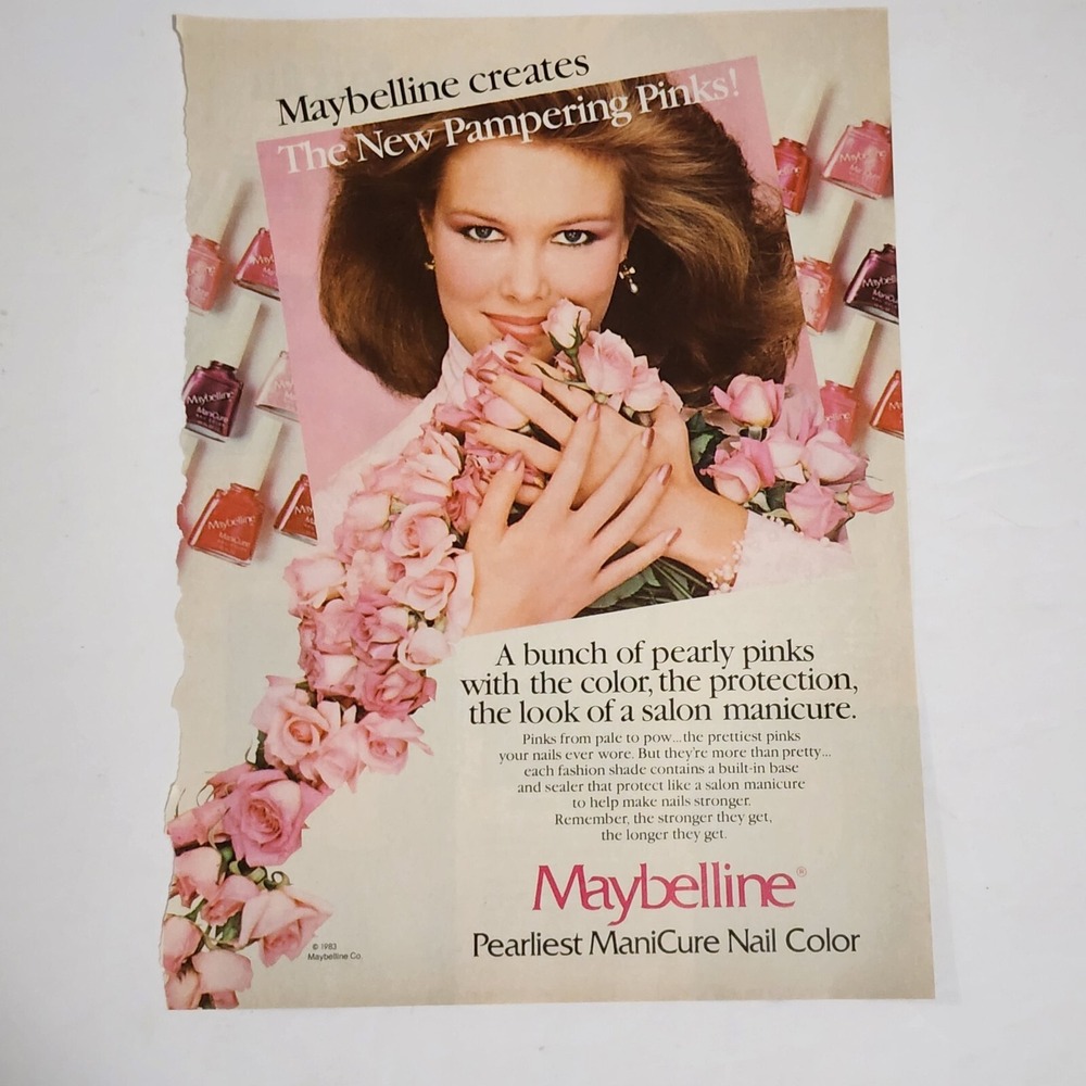 Vtg Print Ad Maybelline manicure nail color Pampering Pinks clipping 1983 8x10.5